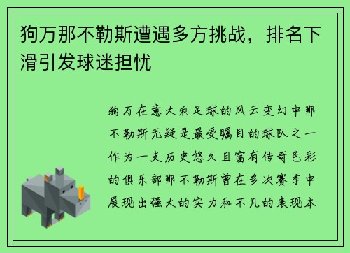 狗万那不勒斯遭遇多方挑战，排名下滑引发球迷担忧