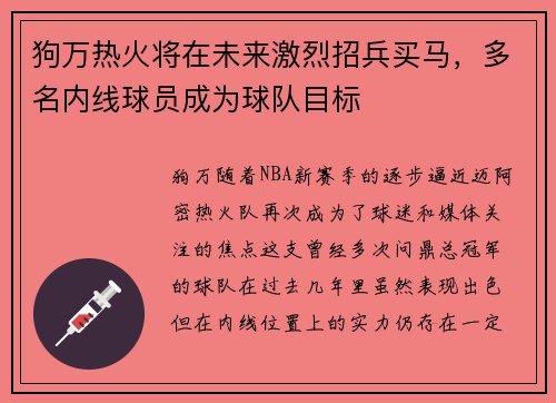 狗万热火将在未来激烈招兵买马，多名内线球员成为球队目标