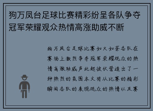 狗万凤台足球比赛精彩纷呈各队争夺冠军荣耀观众热情高涨助威不断