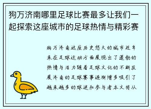 狗万济南哪里足球比赛最多让我们一起探索这座城市的足球热情与精彩赛事