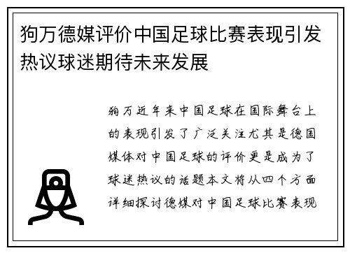 狗万德媒评价中国足球比赛表现引发热议球迷期待未来发展