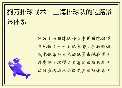 狗万排球战术：上海排球队的边路渗透体系