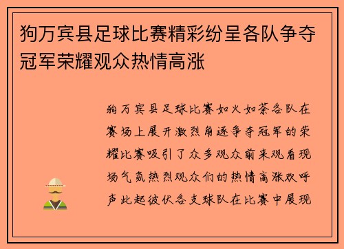 狗万宾县足球比赛精彩纷呈各队争夺冠军荣耀观众热情高涨