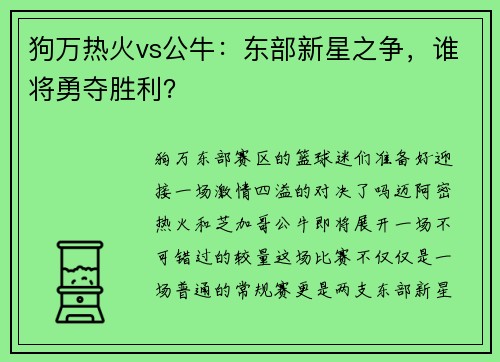 狗万热火vs公牛：东部新星之争，谁将勇夺胜利？