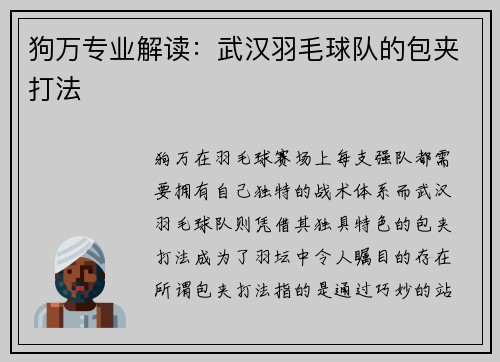 狗万专业解读：武汉羽毛球队的包夹打法