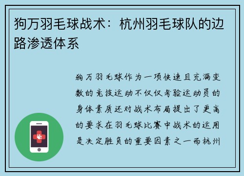 狗万羽毛球战术：杭州羽毛球队的边路渗透体系