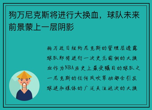 狗万尼克斯将进行大换血，球队未来前景蒙上一层阴影