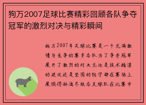狗万2007足球比赛精彩回顾各队争夺冠军的激烈对决与精彩瞬间