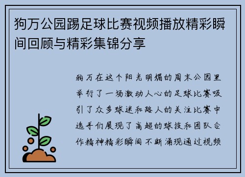 狗万公园踢足球比赛视频播放精彩瞬间回顾与精彩集锦分享