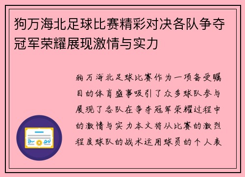 狗万海北足球比赛精彩对决各队争夺冠军荣耀展现激情与实力