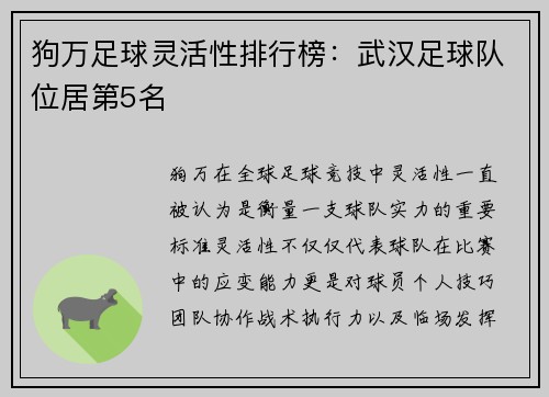 狗万足球灵活性排行榜：武汉足球队位居第5名