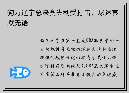 狗万辽宁总决赛失利受打击，球迷哀默无语