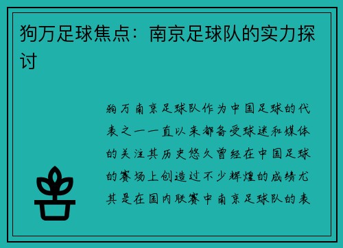 狗万足球焦点：南京足球队的实力探讨