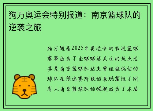 狗万奥运会特别报道：南京篮球队的逆袭之旅