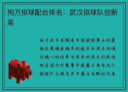狗万排球配合排名：武汉排球队创新高