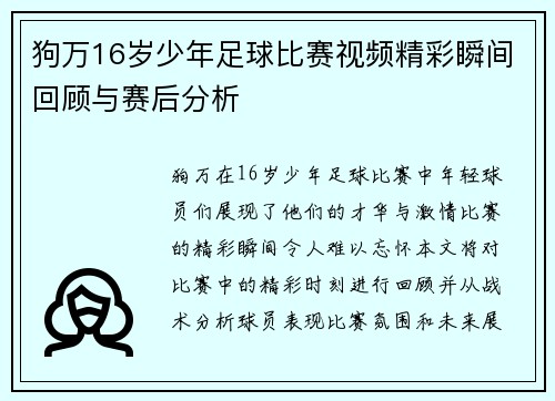狗万16岁少年足球比赛视频精彩瞬间回顾与赛后分析